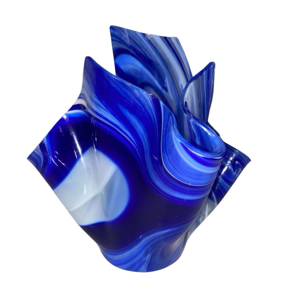 Art Glass Blue And White Handkerchief Candle Holder Signed